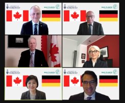 Online opening: Meric Gertler, President of the University of Toronto, Max Planck President Martin Stratmann, Sabine Sparwasser, German Ambassador to Canada, Taufik Valiante and Joyce Poon, Directors of the Max Planck – University of Toronto Centre, and Stéphane Dion, Canadian Ambassador to Germany (clockwise from top left).