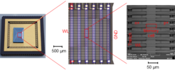 Fabricated chip with 156 memcapacitive memory cells that was used to carry out a 5x5 image recognition algorithm.