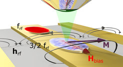 Illustration of the experiment: Experimental geometry and fieldswept SNS-MOKE measurements at frf and 3/2 frf.